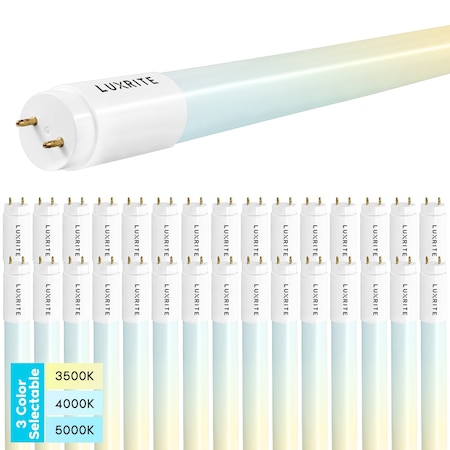 Luxrite T8 LED Tube Light Bulbs 12W (25W Equivalent) 3 CCT Selectable 1560LM Type A+B G13 Base 30-Pack LR34233-30PK